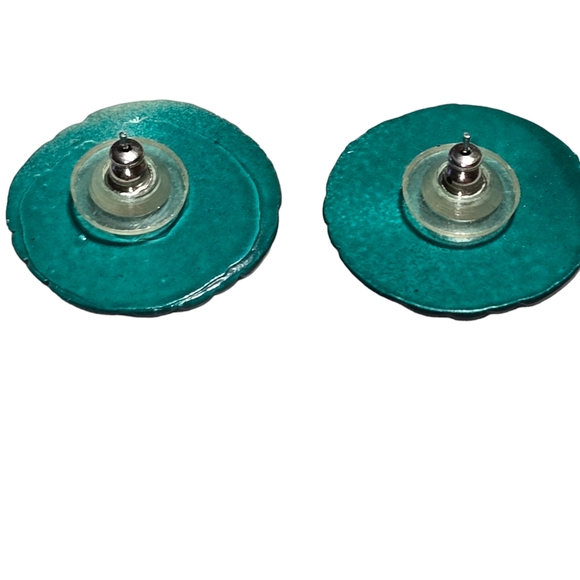 Vintage Green Acrylic with Pattern Button Post Earrings 14 - Picture 2 of 4